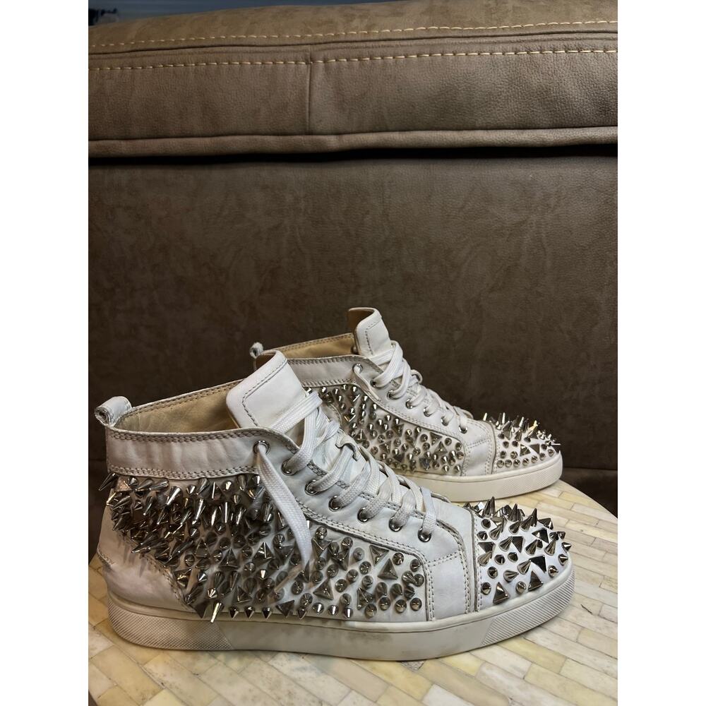 Christian Louboutin "Lou Pik Pik" White Leather High-Top Sneakers - Picture 3 of 7